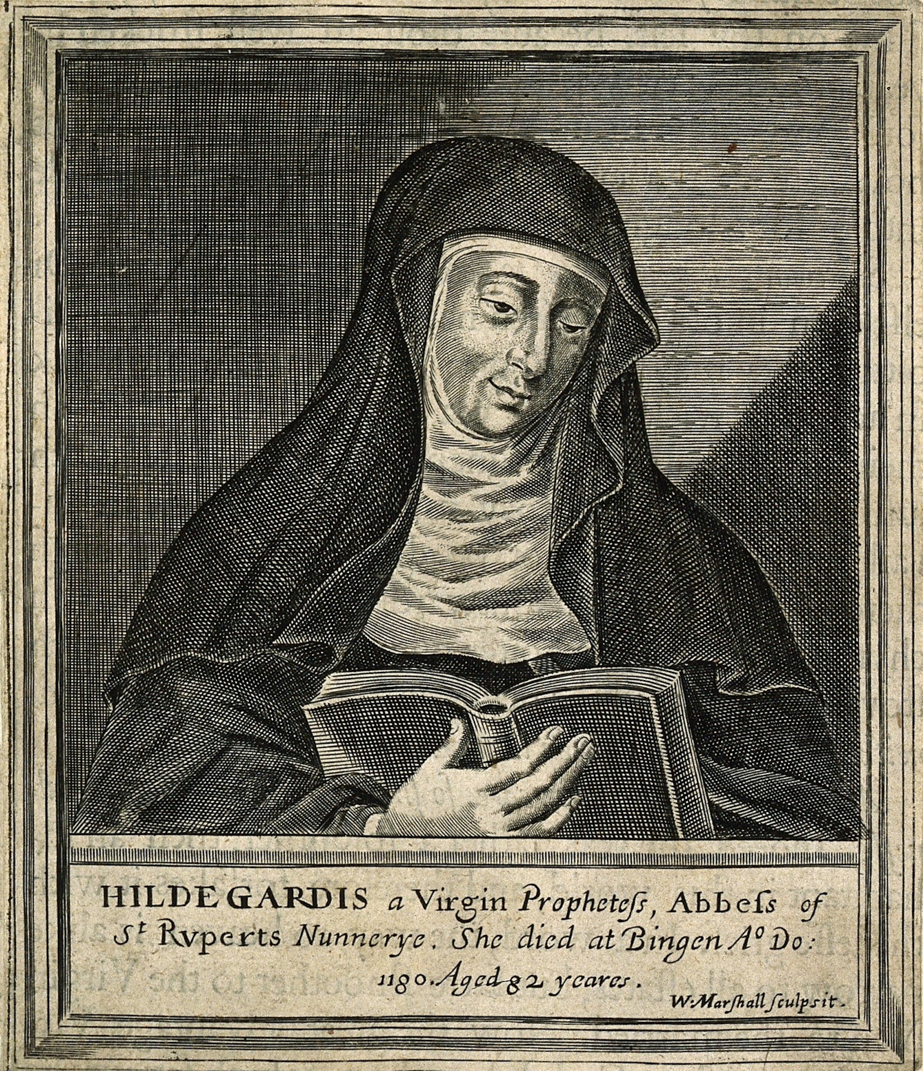 Black and white engraving of Hildegard von Bingen showing a woman wearing nun's clothing, reading a book. 