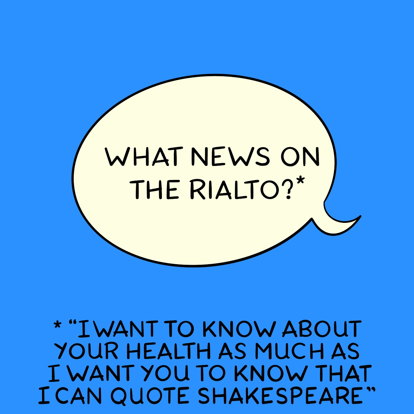 Panel 4 of a six-panel comic drawn digitally: Speech bubble reads "WWhat news on the Rialto*". The asterisk below says "I want to know about your health as much as I want you to know that I can quote Shakespeare"
