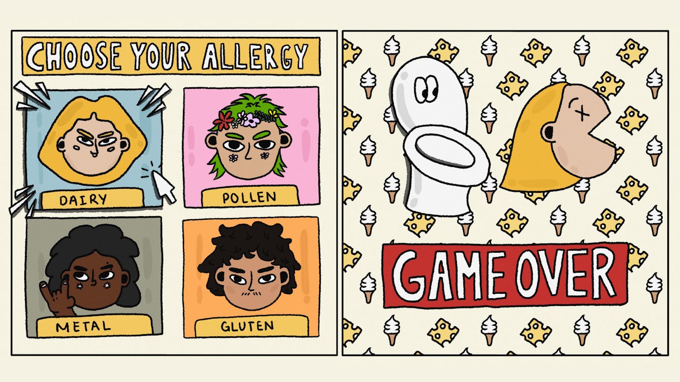 Two panels side-by-side from the comic series ‘Allergy Arcade’. Panel 1 shows you are playing a video game and are being asked to “CHOOSE YOUR ALLERGY”. Panel 2 has a big, red box saying “GAME OVER”. 
