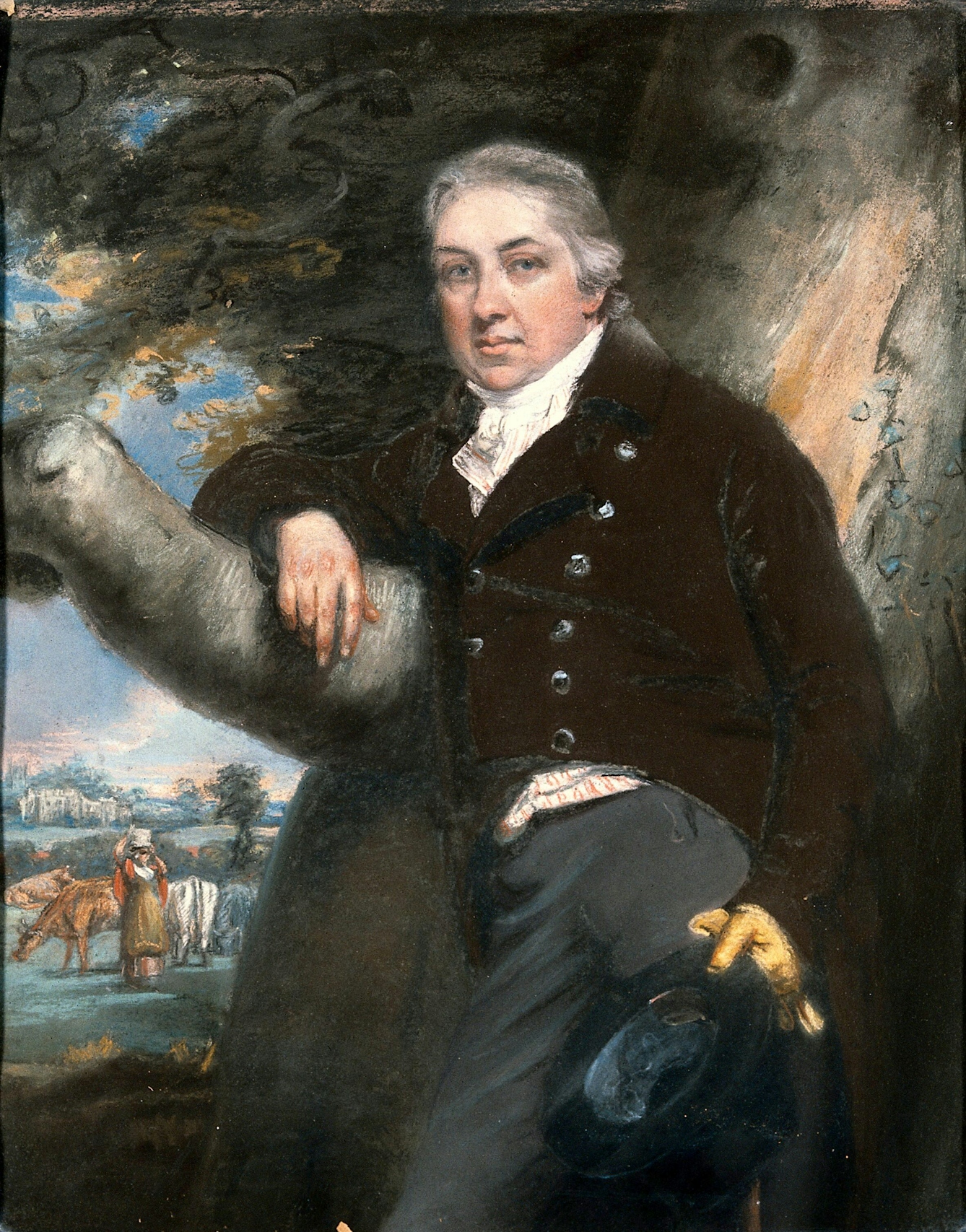 Colour painting of Edward Jenner leaning against a tree. In the background depicted beyond and below his leaning arm and the bough of the tree, a milkmaid stands in a field with a pail on her head and several cows. 