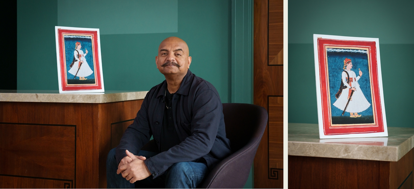 Photographic diptych made up of a landscape oriented image on the left and a portrait orientated image on the right. The left hand image shows a portrait of a man in a blue shirt sitting in a chair looking to camera. Next to him on a high countertop is a propped up print of an archive colour image of a gouache painting of a Rajput nobleman. The image on the right is a closeup detail of the archive image.