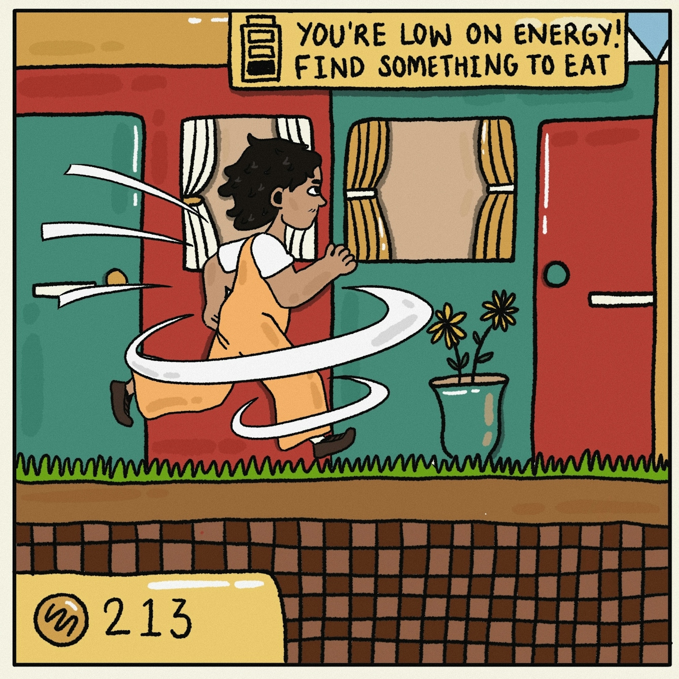 Panel 3 of a digitally drawn, four-panel comic titled ‘Gluten-free economy’. Your character is on the run, but a warning sign at the top reads: “You’re low on energy! Find something to eat.” You have 213 coins in your wallet. 