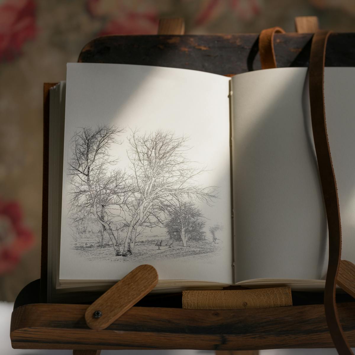 Photograph of a notebook on a wooden book stand, lit by a window from the right, casting a shadow on half of the page. On the left page there is a sketch of a landscape with trees and a bench. To the right of the book a single tulip in a small glass vase. 
