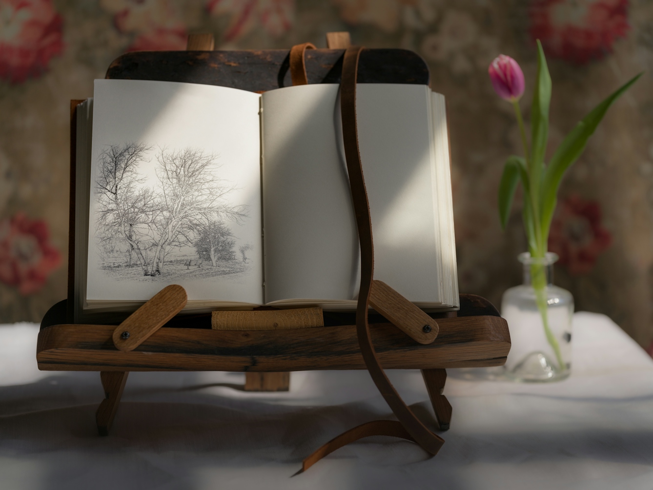 Photograph of a notebook on a wooden book stand, lit by a window from the right, casting a shadow on half of the page. On the left page there is a sketch of a landscape with trees and a bench. To the right of the book a single tulip in a small glass vase. 