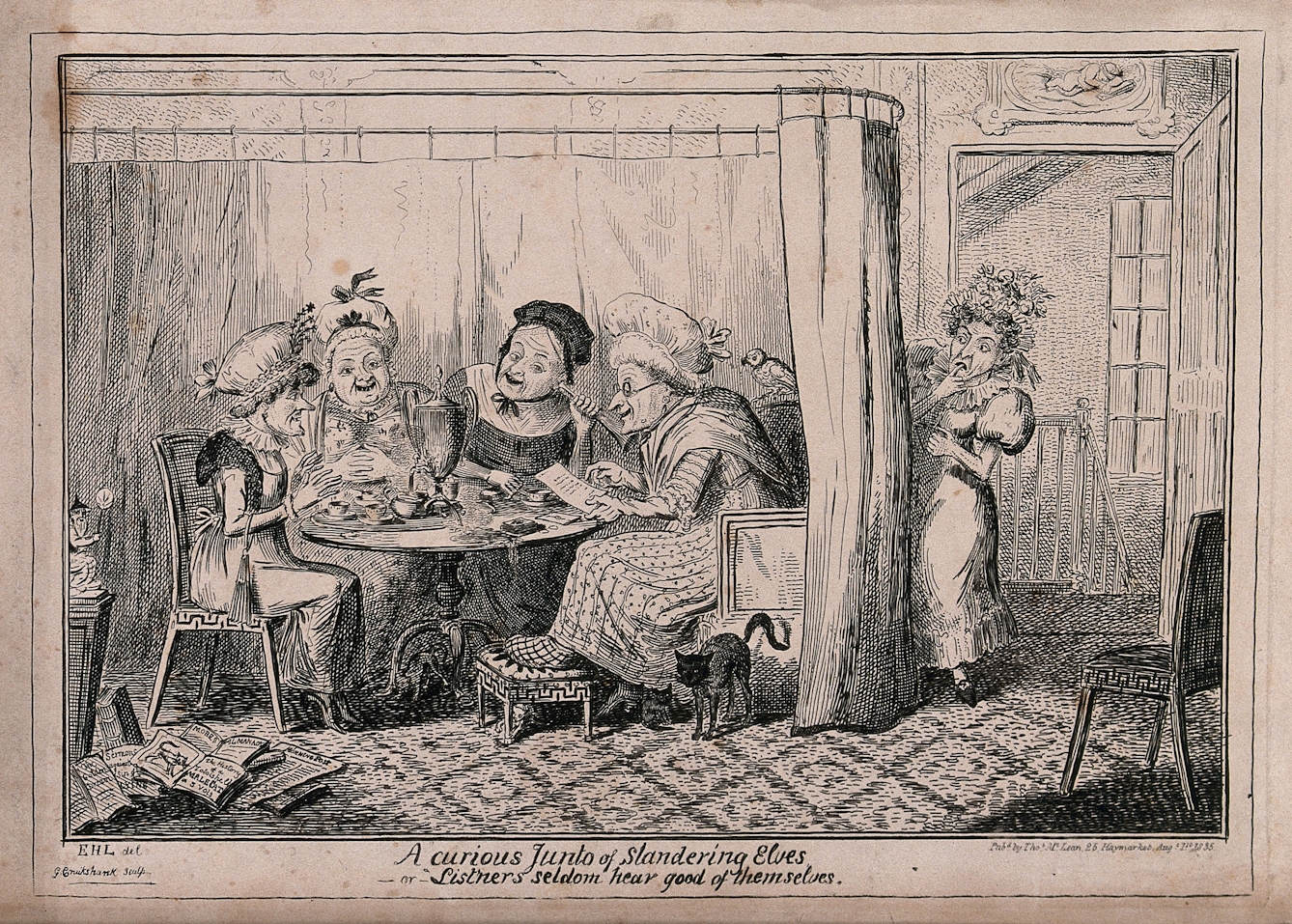 Black and white illustration showing four women sitting around a table, talking and drinking tea. Another woman eavesdrops.