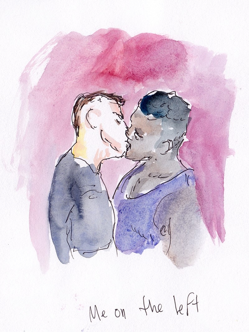 Watercolour and ink painting of two men kissing.