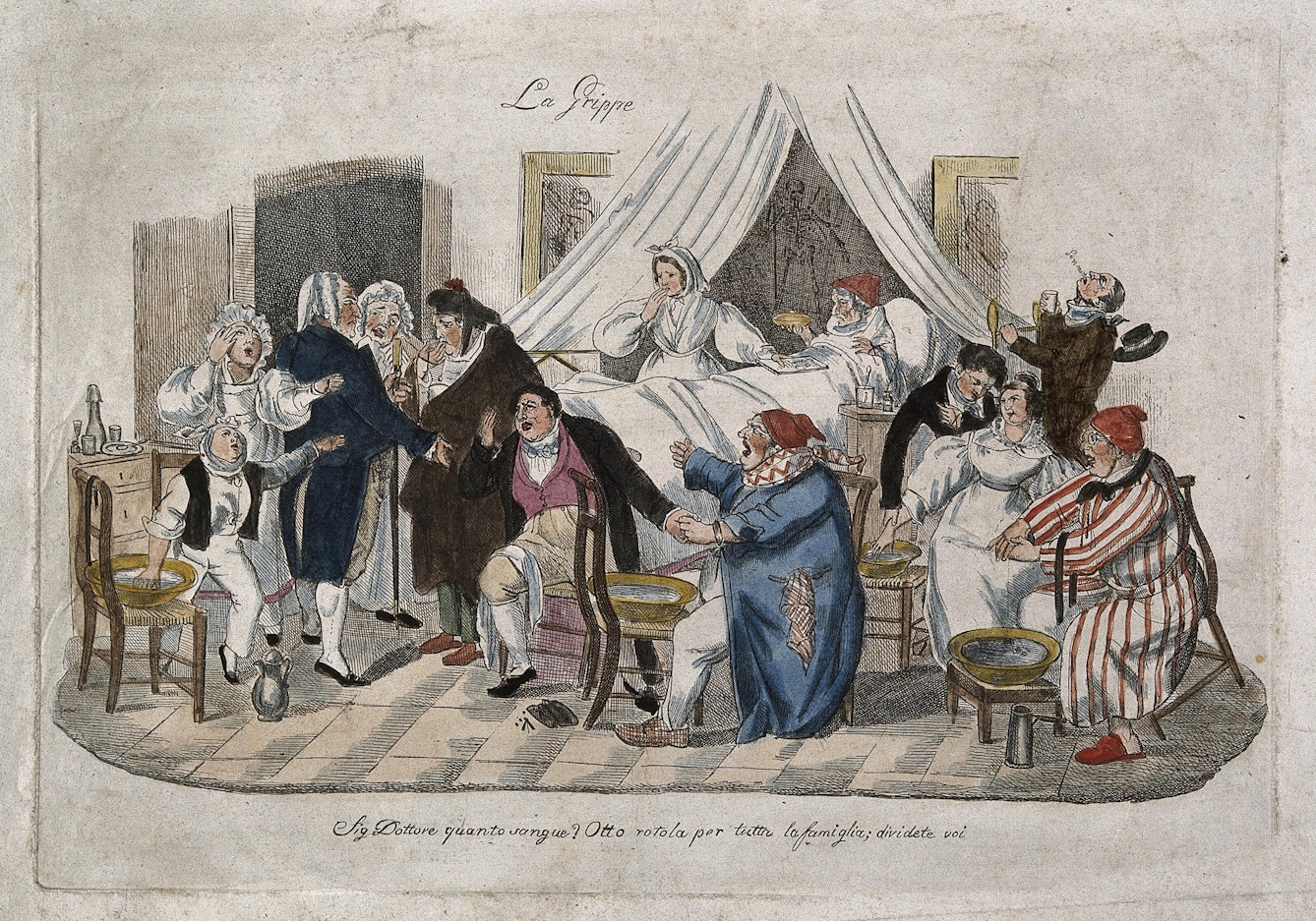 Watercoloured etching showing a busy room with lots of people waving their arms in panic. A surgeon (seated near the centre, with a black jacket and a plum-coloured waistcoat) who has been called in to let blood. He is addressing the physician (standing wearing a dark blue coat on the left), asking him "Doctor, how much blood?". The doctor replies, absurdly, "Eight units (ròtola) for the whole family: divide yourselves up!".
