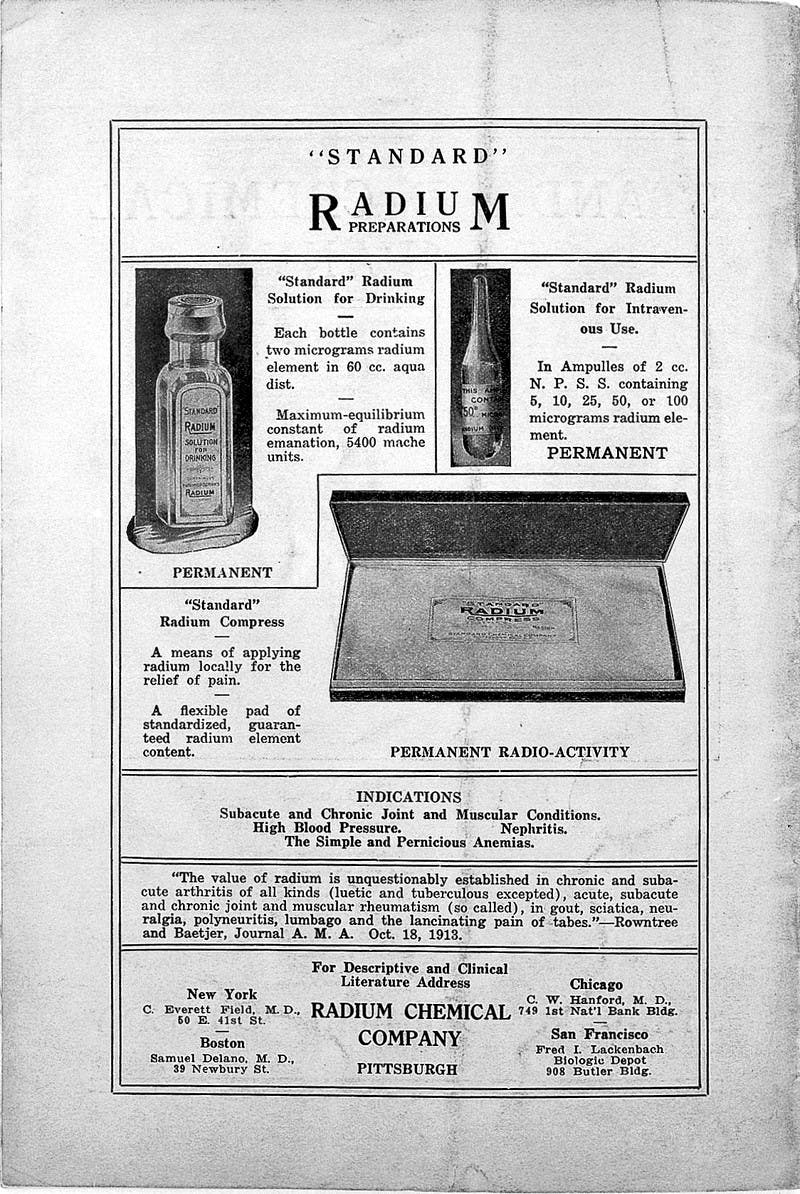 Black and white advert for Radium featuring three images of bottles and boxes of dense text.