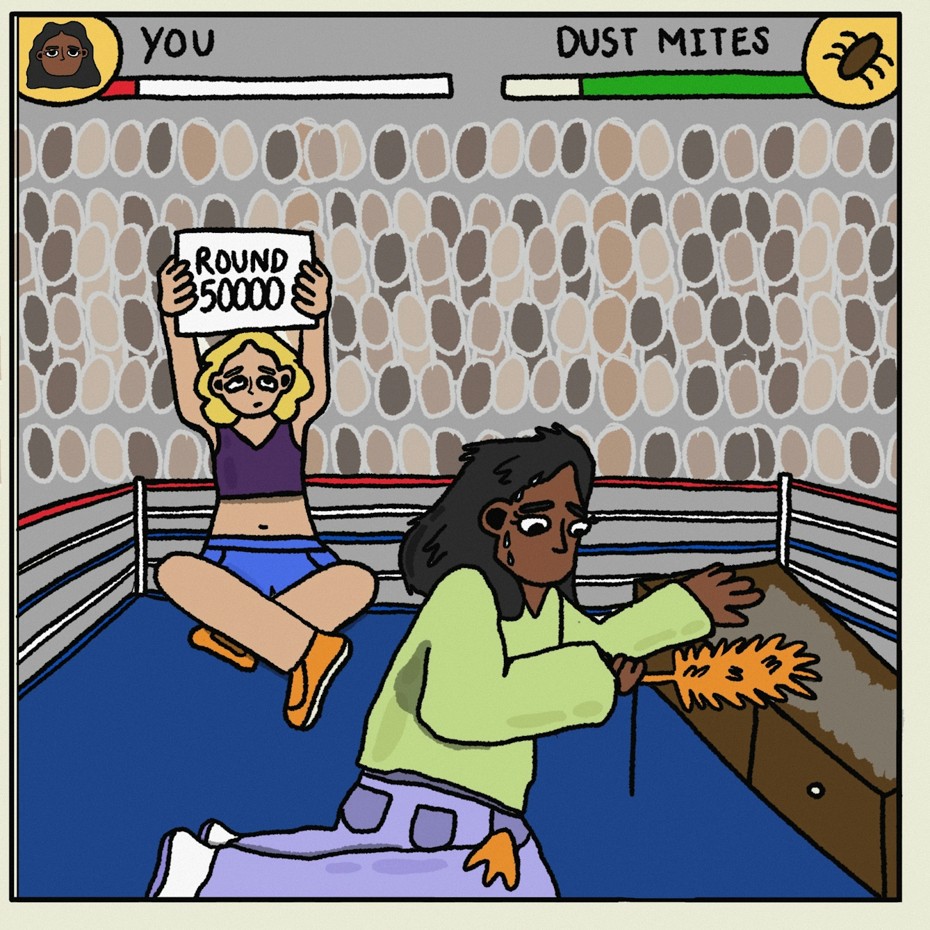 Panel 4 of a digitally drawn, four-panel comic titled ‘Last man standing’. It’s round 50,000 and the dust mites are clearly winning. With barely any energy left, your character looks defeated in their battle against the dust. 