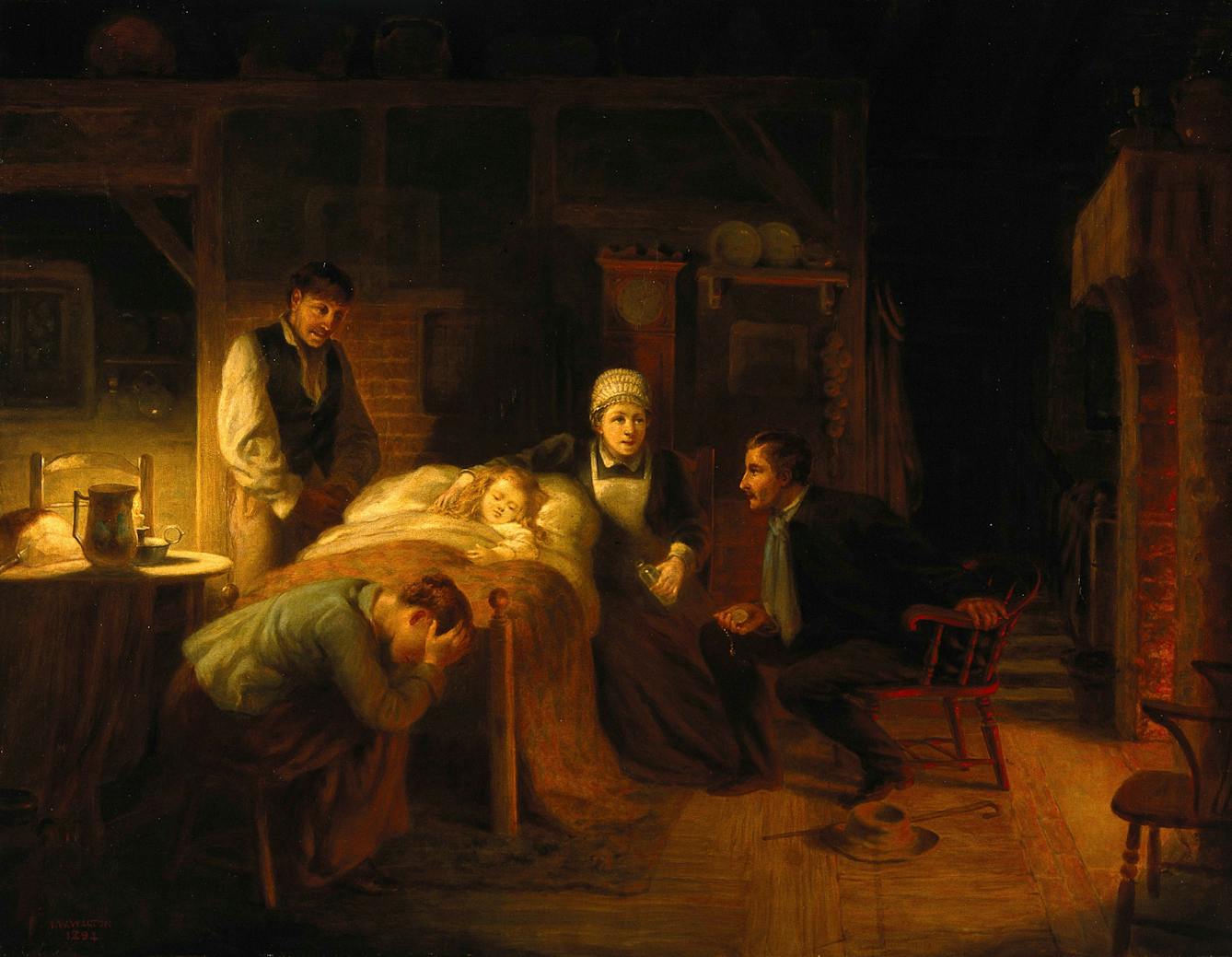Oil paining showing a child in a bed with a woman in nurse uniform and a standing man in servant's clothing at the head of the bed, a distraught woman with her head in her hands at the foot of the bed, and a man sitting to one side gazing into the distance. 