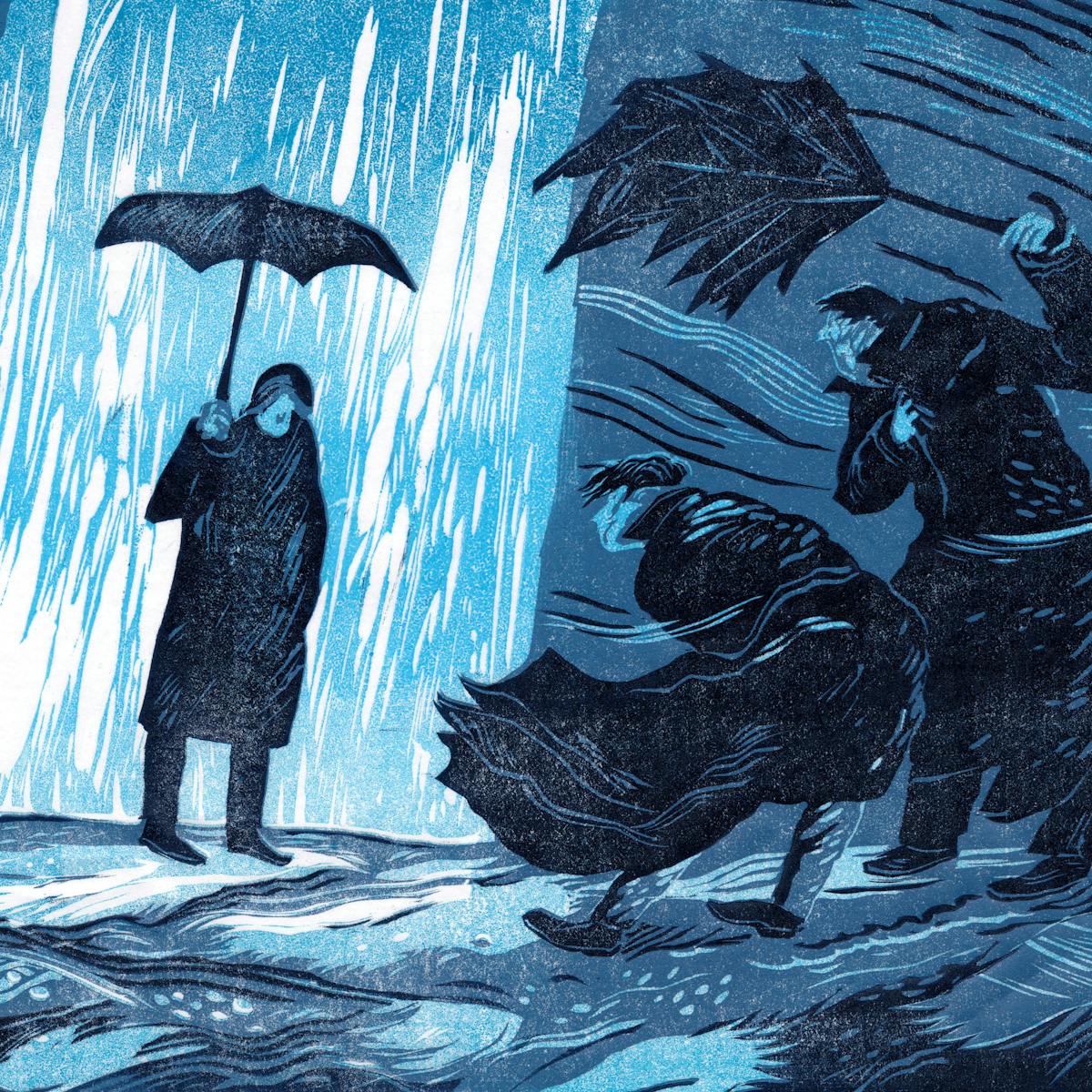Digital copy of an original linocut artwork. The artwork shows four figures, all wearing long black coats and whose faces are obscured. Three of the figures appear to be struggling against a strong blustering wind, bent over to shield themselves. The wind is represented by blue and white curved brushstrokes in in the background. The fourth central figure, unlike the other three, stands beneath a strong rain shower, represented by thick white vertical brushstrokes. They are holding a black umbrella, and are slouched over and looking towards the ground. They appear withdrawn and resigned to the rain's force. 