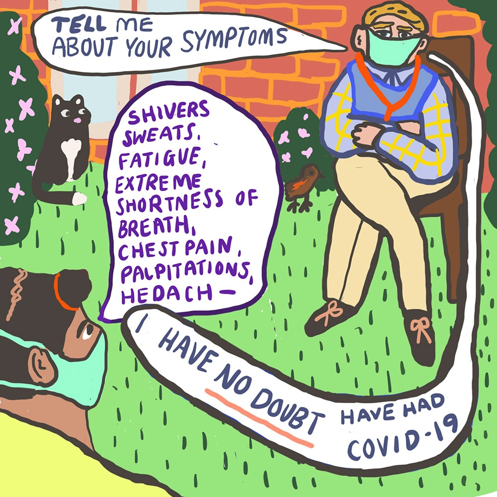 Webcomic showing two people sat in an outdoor area wearing face masks. Thee is a black cat drawn in the background next to a green bush with pink flowers. Speech bubbles in the comic detail a conversation about what symptoms one of the individuals is experiencing, with the other confirming with no doubt that the individual has had COVID-19.
