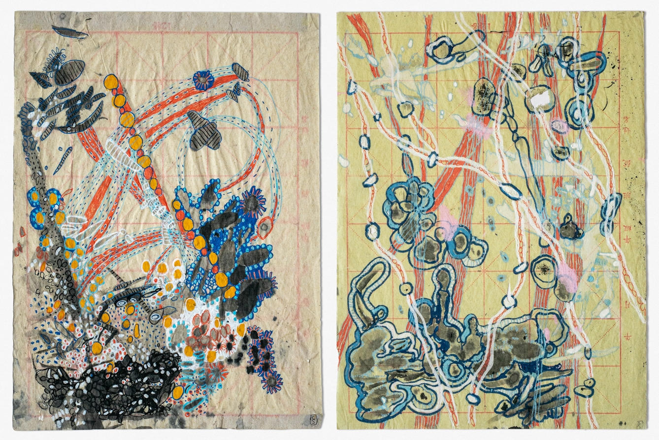 Photographic diptych of two abstract drawings on pink gridded Chinese calligraphy paper that is slightly crumpled and folded. On the left is an abstract mass of different colour circles, round splodges and lines ranging in size and thickness. A long line of yellow and orange circles with a blue outline runs through the center of the page. Orange lines with a dotted blue and white border extend roughly perpendicular to the principal line of circles. The round splodges are dark, ranging from a light grey to a darker black. Some are surrounded by tiny blue dots, and others with small extending antenna-like pink arms. The dark splodges look cell-like in nature. On the right are a collection of navy blue abstract shapes, many congregating in a dense mass at the bottom of the page, whilst the other shapes almost seem to float above it. There are thick bright orange lines extending from the bottom of the page all the way to the top, which almost seem to connect the abstract blue shapes together. 