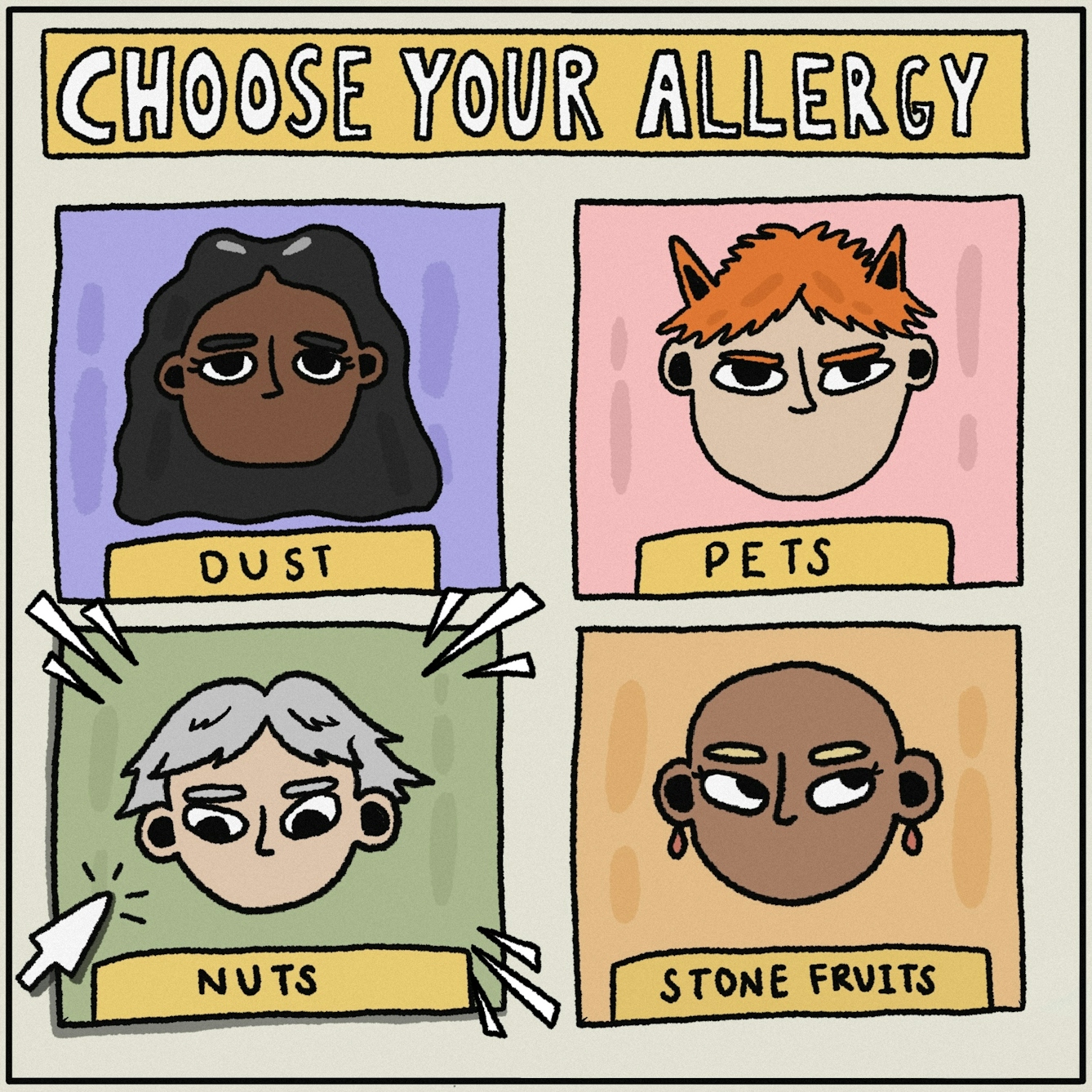 Panel 1 of a digitally drawn, four-panel comic titled ‘Ragequit’. The text at the top reads “CHOOSE YOUR ALLERGY”. The box in the bottom left is labelled ‘NUTS’ and, in it, is a character with grey hair and grey eyebrows. A cartoon cursor is clicking over this box to signal this is the allergy you have chosen. 