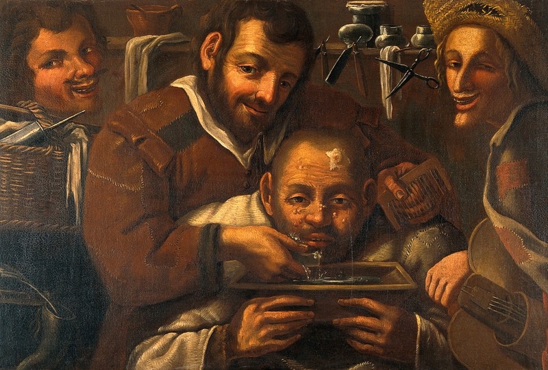 Painting of three smiling men and one bent over, all facing the viewer. The hunched man has boils on his face and is crying into a tray.