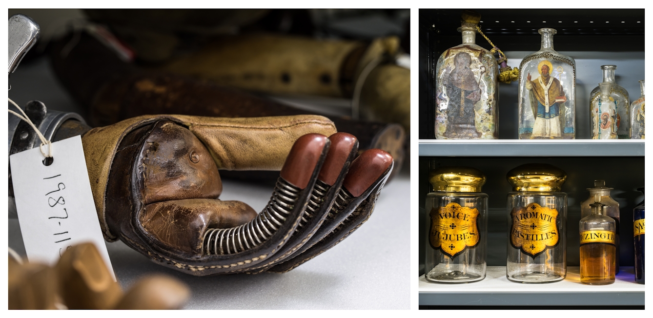 Photographic diptych. The image on the left shows a close-up of a prosthetic hand, with a glove-like appearance, fingers slightly curled, lying on a storage shelf. It is surrounded by other objects. Tied to the prosthetic is a white label with the number 1987-11... just visible. The image in the right shows 2 shelves, one above the other. On the top shelf is a row of various sized glass bottles, each with a painting of a saint on the side. The lower shelf has a down of different sized and shaped empty medicinal bottles with large gold labels titles such as, 'Voice Jujubes' and 'Aromatic Pastilles'.
