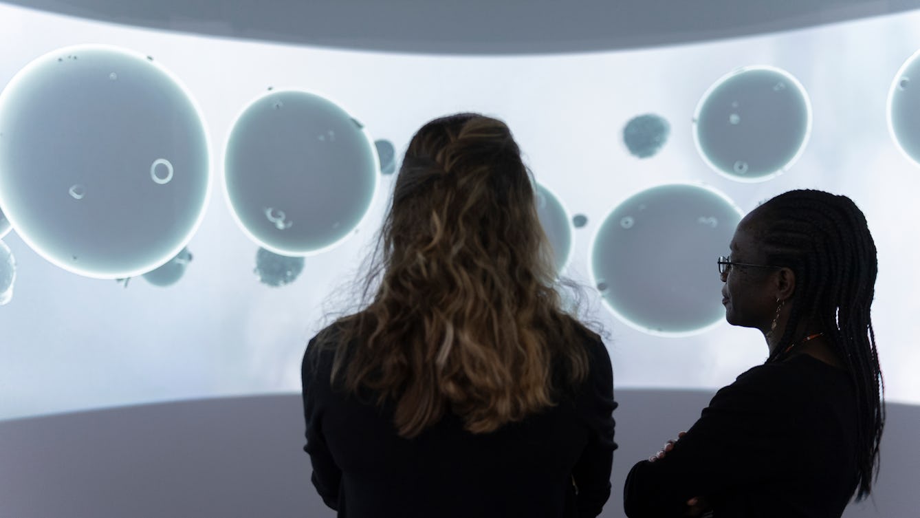 Two people standing, looking at a very large, curved projection screen. On the screen are about a dozen grey, particle-shaped round floating objects. 