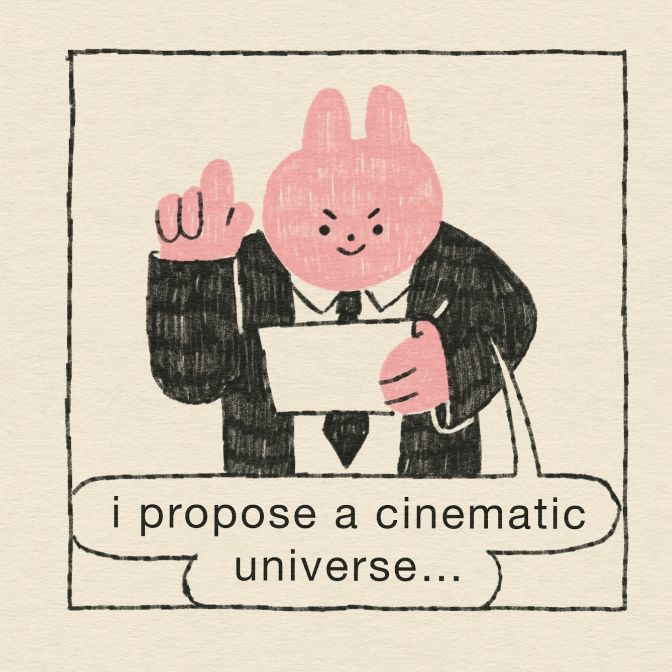 In the second panel, a pink rabbit stands up to pitch his idea. He's wearing a black suit and tie with a sinister smile. “I propose a cinematic universe…”, he says.