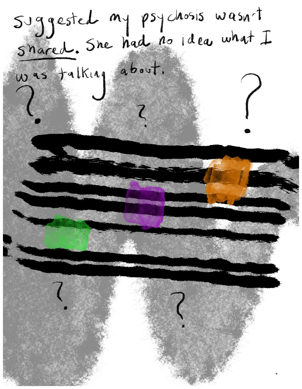 Panel 4 of a four-panel comic called My delusion wasn't shared'', consisting of thick black line drawing on a white background. A zig-zag of mottled grey is spread across the panel like a random paint brush stroke. On top of this are seven narrow horizontal black lines like a musical stave. Three daubs of colour (green, purple and orange) ascend across the 'stave' like musical notes. Randomly spread above and below the 'stave' are written question marks. The text at the top of the panel reads "Suggested my psychosis wasn't shared [word underlined]. She had no idea what I was talking about.