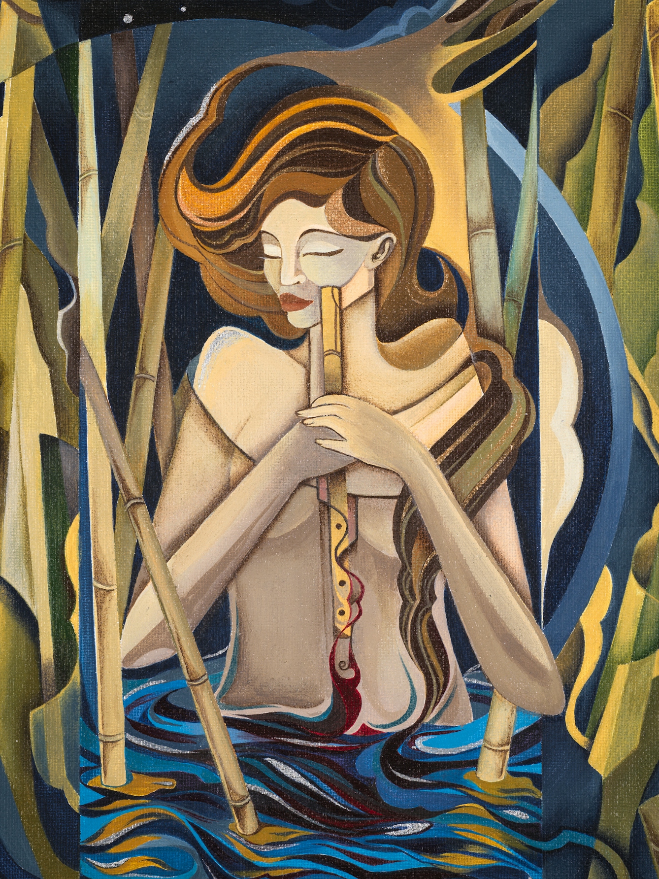 Artwork in acrylic paint on canvas showing a stylistic portrayal of a woman stood waist high in water. She is surrounded in the water by reeds and a bright moon shines down from the night sky above her. She seems to be holding a cut stem from one of the reeds, which she is holding in front of her in both hands. Her eyes are closed.