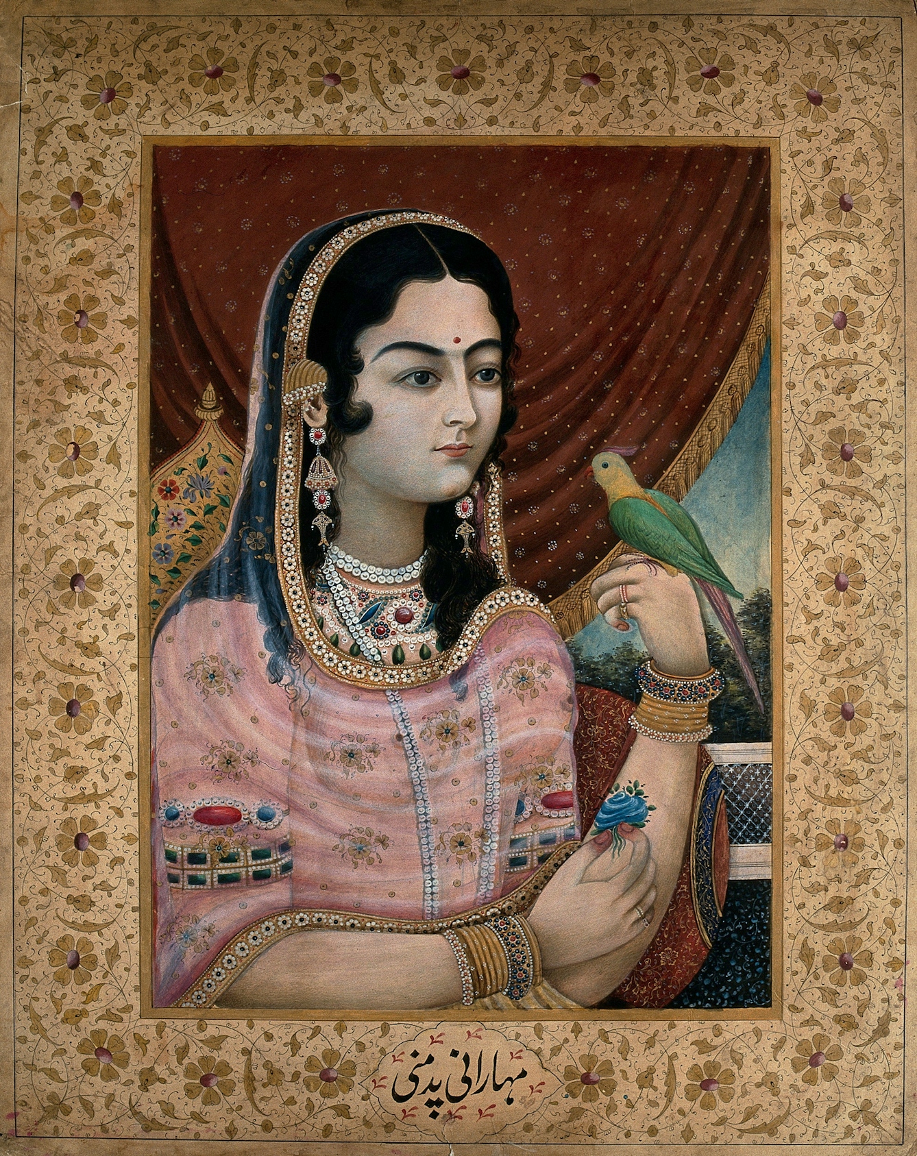 Colourful illustration of a Mughal courtesan or member of a Mughal royal family looking at a parrot perched on her hand.
