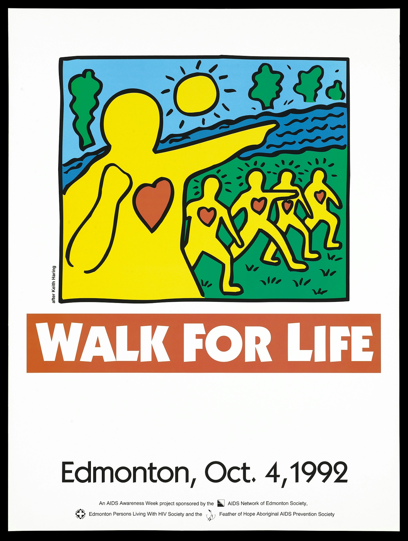 Yellow figures with red heart shapes on their chests stride across a landscape of field, river and trees. Two of the five figures are pointing ahead. A caption beneath the image reads "Walk for Life"  Edmonton Canada, Sunday Oct 4 1992.