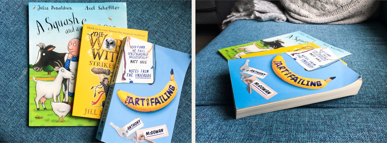 Photographic diptych. The image on the left shows a blue fabric sofa cushion on which are placed three books in a fanned stack, each slightly overlapping the one below. The book on the top to the right of the image has a banana on the cover and the title, 'The art of failing'. The book beneath this one has a yellow cover with a children's illustration. The title is obscured with just the words, 'The Wor...Wit...Strikes' visible. The book at the back of the stack is larger than the others with an illustration of a cow, a goat and an old woman on its front. The title is obscured with only the words, 'A Squash and a...' visible. The image on the right shows the same sofa cushion and book but from an angle looking across the cushion. The book with a banana on the cover is the most visible at the front of the image, with a beige blanket just visible at the back.