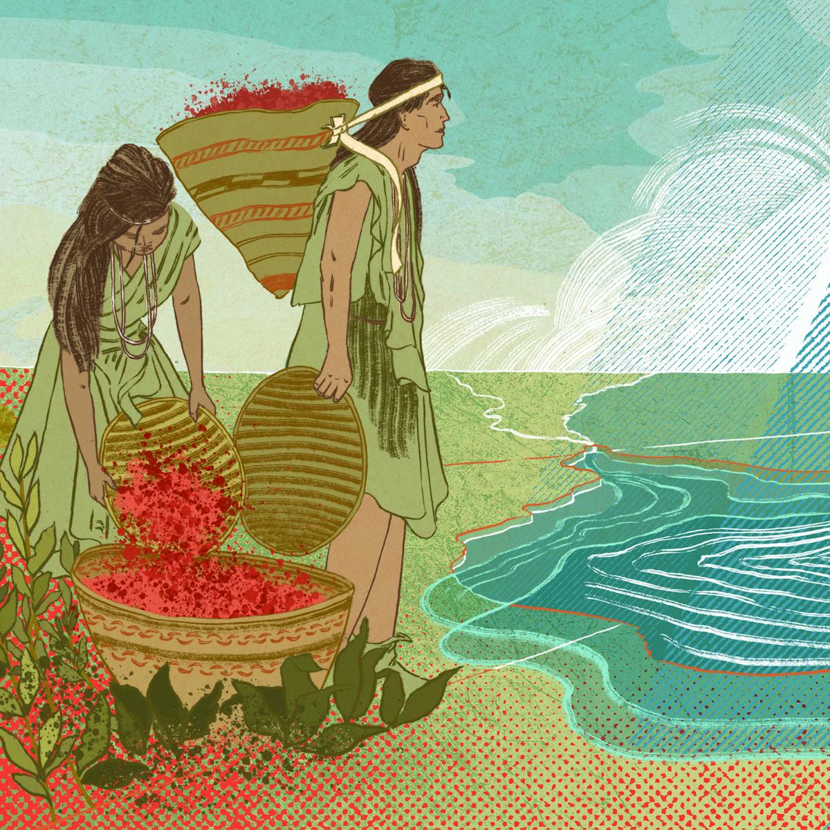 A digital illustration depicting a man and a woman in a landscape scene. The people are situated on the left of the image and are Native Americans. The woman is holding and emptying baskets of red berries. The male is looking over the land to the horizon which has many rivers leading to a large lake. From the top right hand corner of the image large blue diagonal lines represent rainfall flowing into the lake.