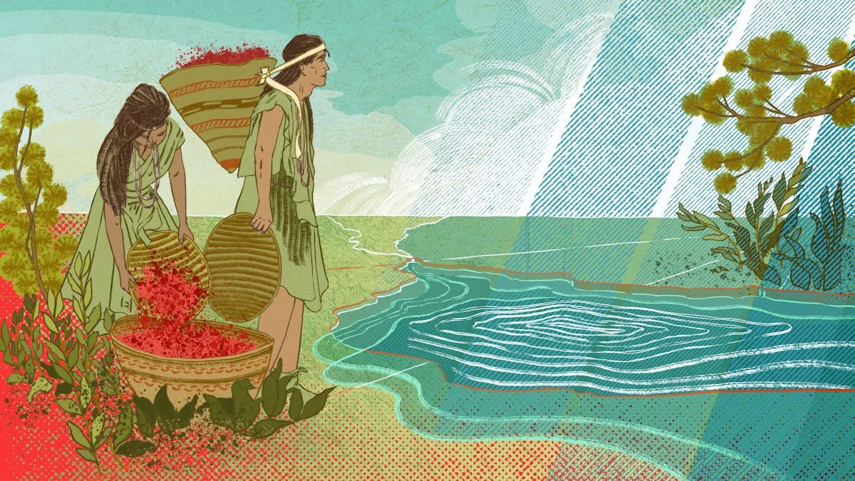 A digital illustration depicting a man and a woman in a landscape scene. The people are situated on the left of the image and are Native Americans. The woman is holding and emptying baskets of red berries. The male is looking over the land to the horizon which has many rivers leading to a large lake. From the top right hand corner of the image large blue diagonal lines represent rainfall flowing into the lake.