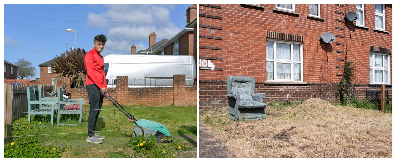 A photographic diptych. The image on the left shows a young man with shaved hair at the sides wearing wireless ear pods, a red tracksuit top and black tracksuit bottoms, standing side on, holding a lawnmower. He faces the camera in the front garden of a red brick house in a residential area. The image on the right shows the front garden of a red brick house with white PVC windows, a satellite and 104 painted in large white digits. The garden in front of the house has dry yellow grass and a light green velvet high back armchair with a floral pattern.  