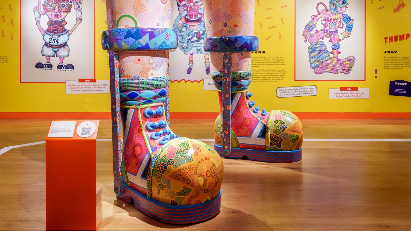 Photograph of the large sculpture called 'Calliper Boots' by Jason Wilsher-Mills.