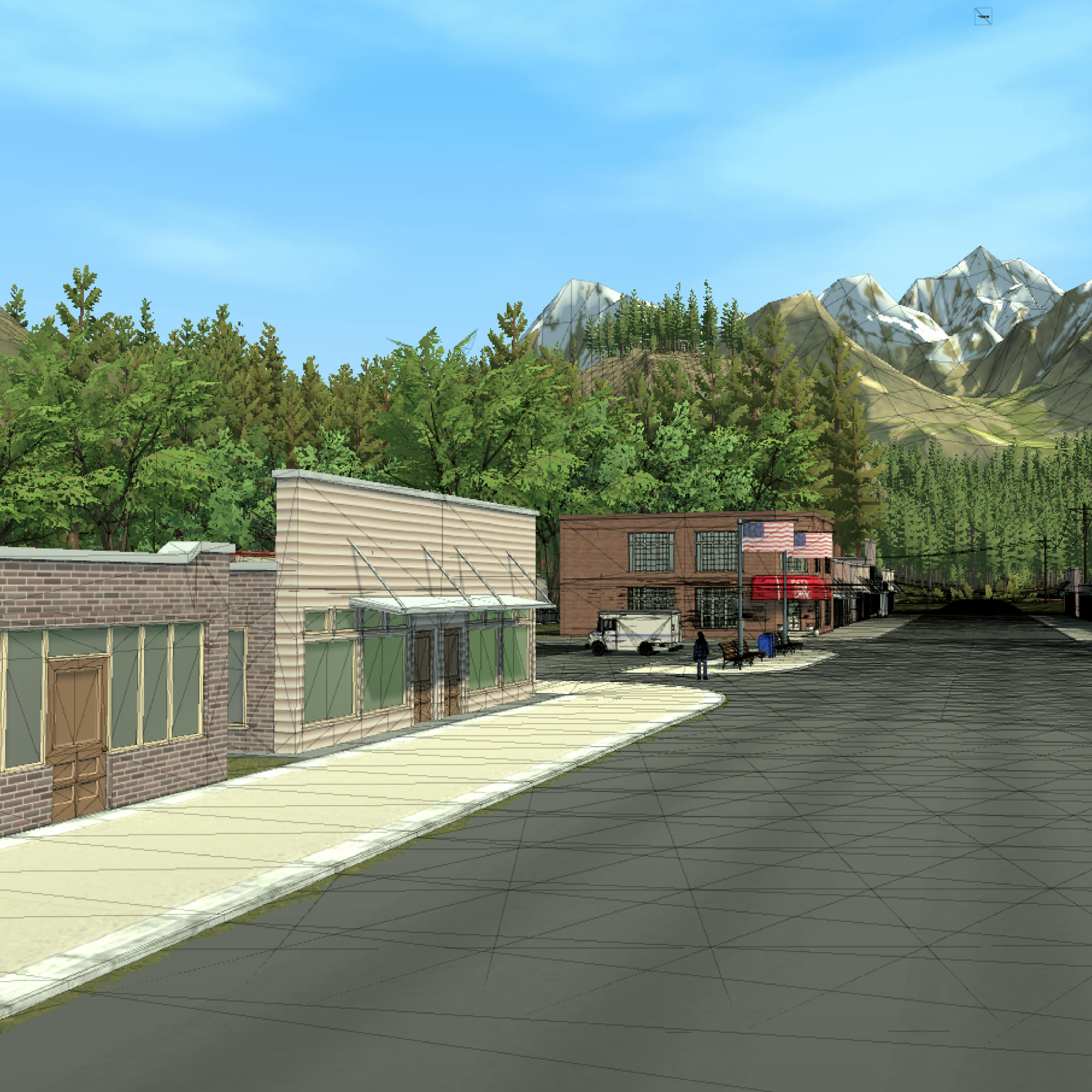 An image of a videogame city being designed, showing wireframes used to sculpt buildings.