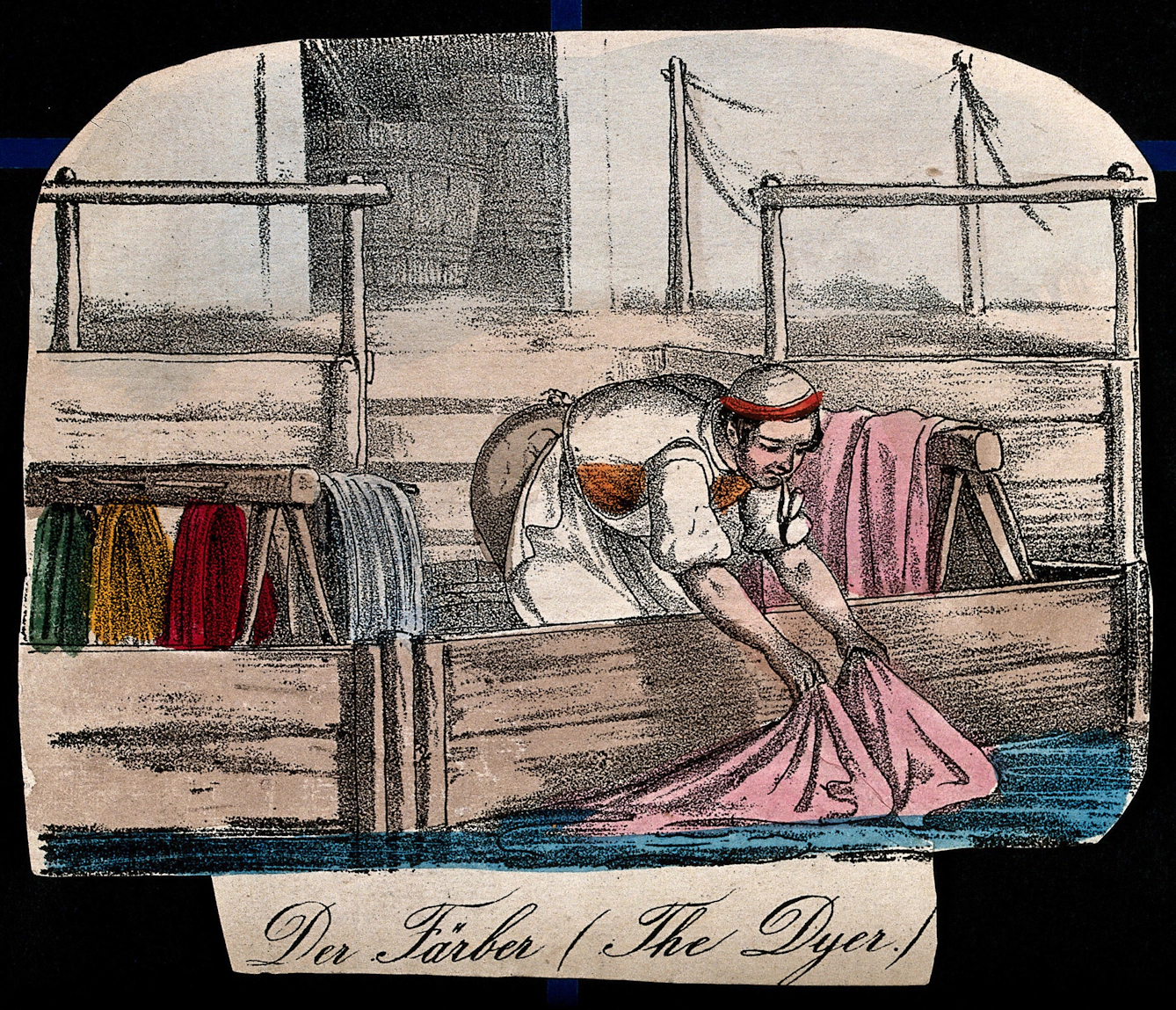 Illustration of a person working as a dyer. They are bent over dipping pink cloth into a vat, with the caption “Der Färber. The Dyer” below.
