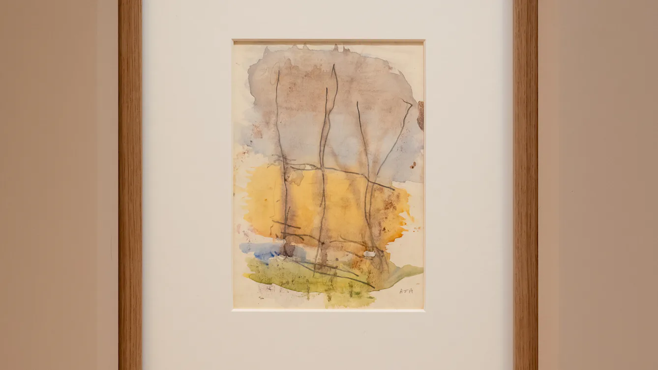 Framed watercolour painting by Audrey Amiss, mounted on a pale wall. There are three roughly horizontal washes of colour: bluey-purple at the top, dark yellow in the middle, and grassy green at the base. To the left of the page is a small patch of vivid blue. Drawn in pencil over these patches of colour is a grid of wavy lines. They suggest the bare trunks and branches. The artist has written her initials, A J A, in pencil in the bottom right-hand corner.