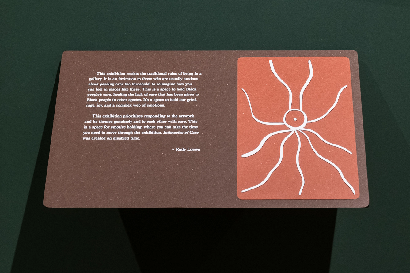 Photograph of am information panel mounted on a gallery wall, showing text on the left introducing the exhibition and a tactile graphic symbol on the right.