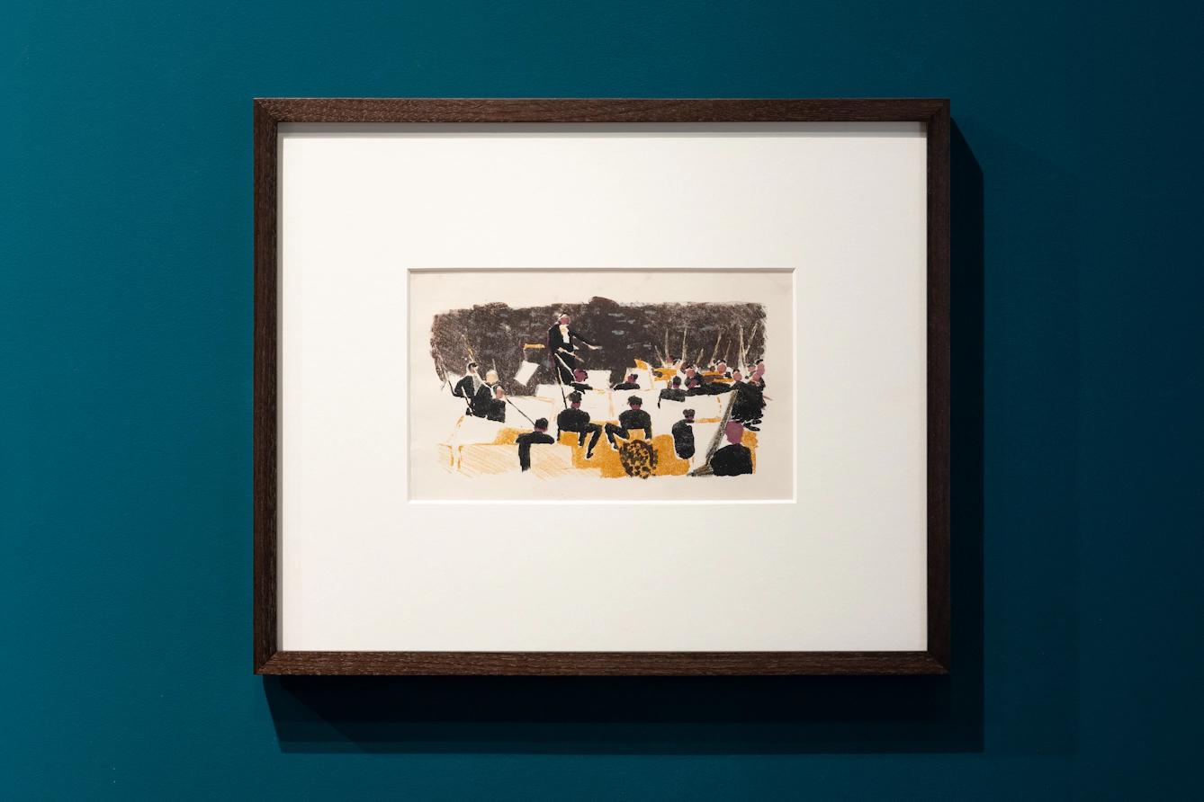Print of an orchestra playing, seen from behind looking towards the conductor.