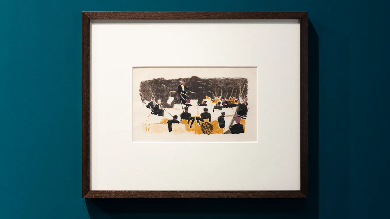 Print of an orchestra playing, seen from behind looking towards the conductor.