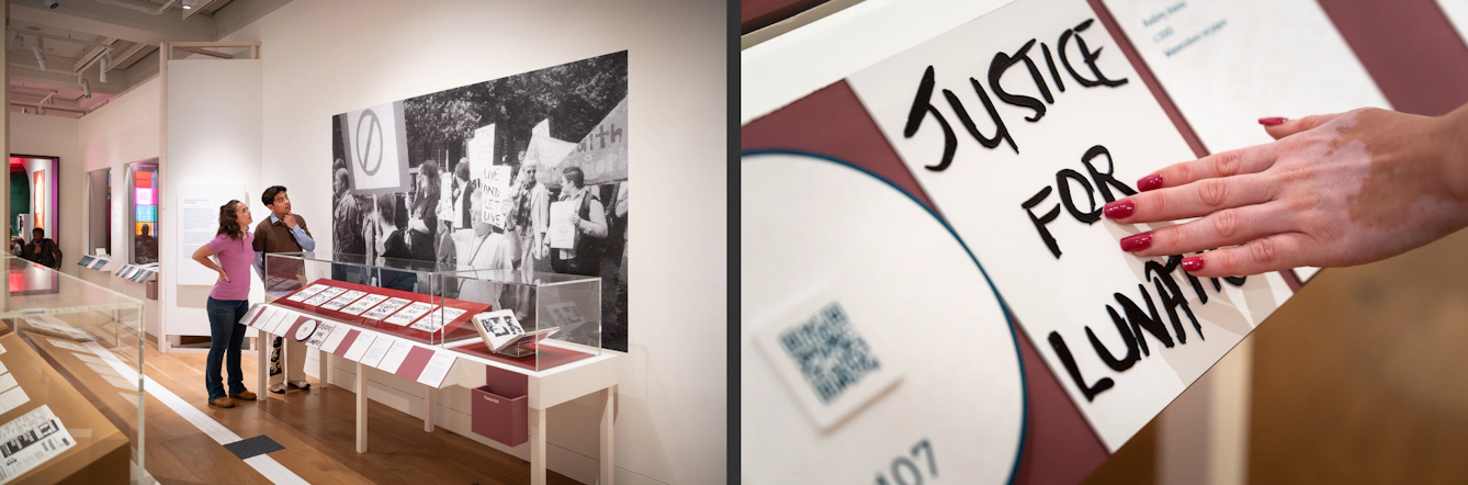 Photographic diptych. The image on the left shows two gallery visitors standing at a display case, looking at a large black and white halftone photograph on the wall of a protest march. The image on the right shows a close up of a hand touching a tactile display panel which shows the words 'Justice for Lunatics' in 3D raised typographics.