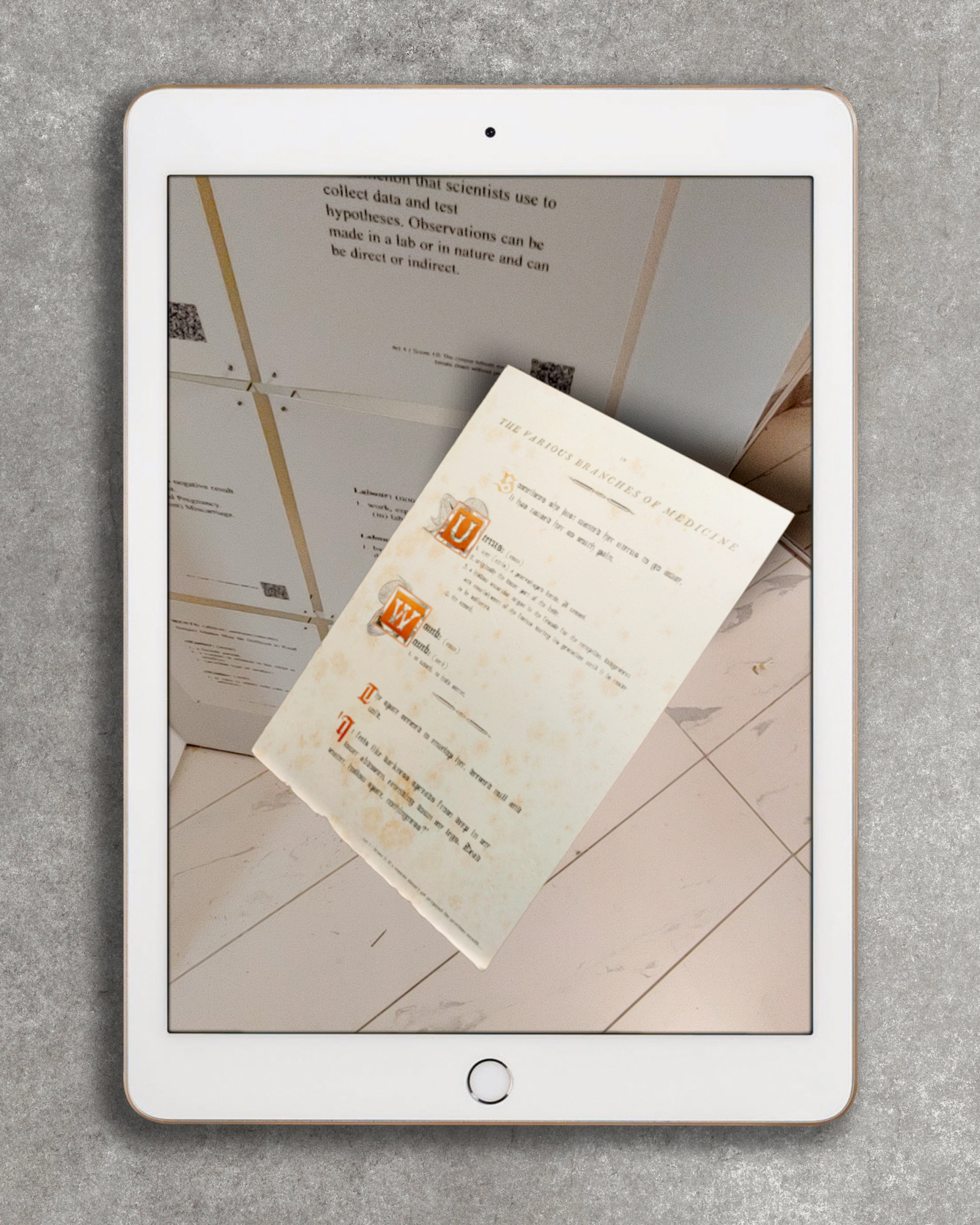 A screen captured image from the artwork 'A Glossary With(In)Fertile Terms' by Sally Butcher. A page of text featuring medieval style illuminated letters appears to float in the space infront of a wall display of printed pages of plain text, each with a QR code in the bottom right corner.