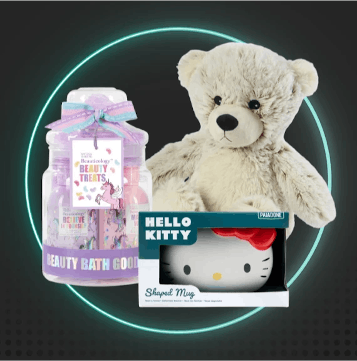 Assorted gifts for kids including a mug, teddy and cosmetic gift set