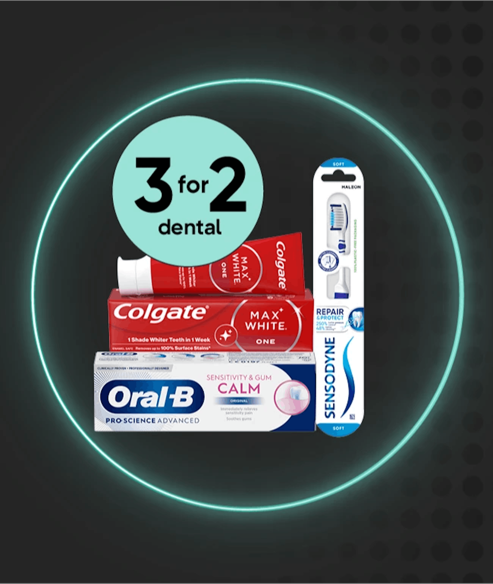 Assorted dental products such as toothpaste and a toothbrush