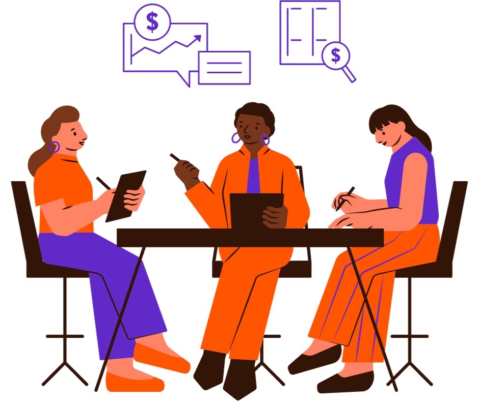 animation of diverse women sitting at a table discussing their business with financial graphics above their head