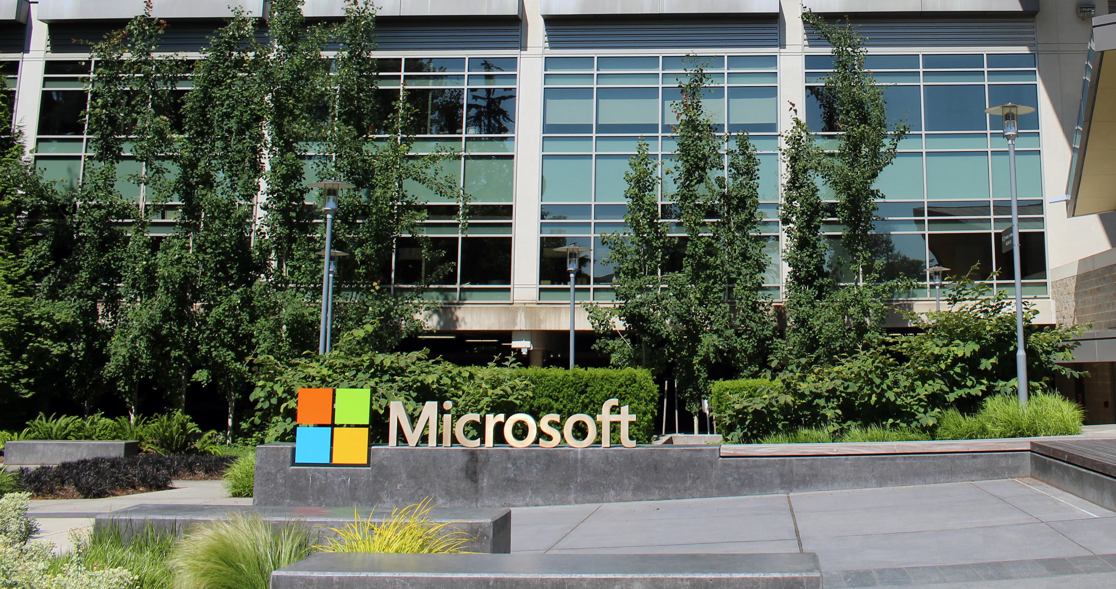 Microsoft sign outside Building 92 at the company’s Redmond campus