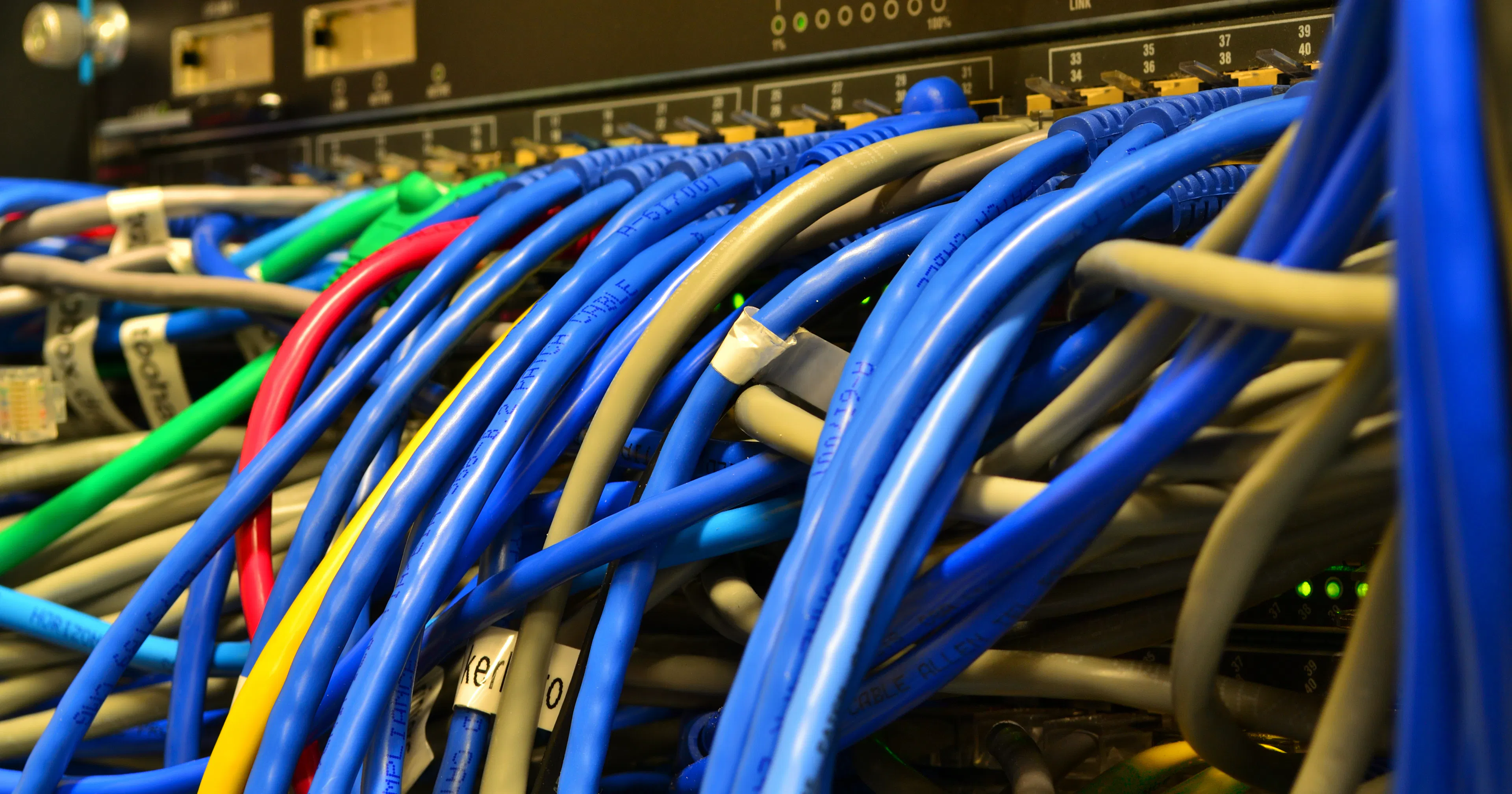 Blue, yellow and green Ethernet cables connected to a network switch