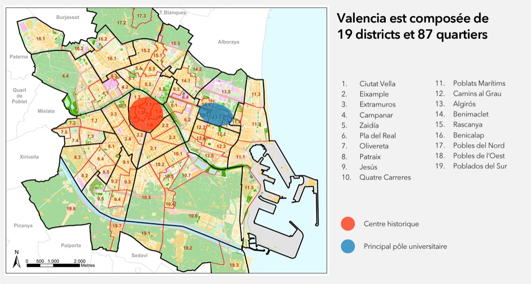 Carte des districts et quartiers de Valencia