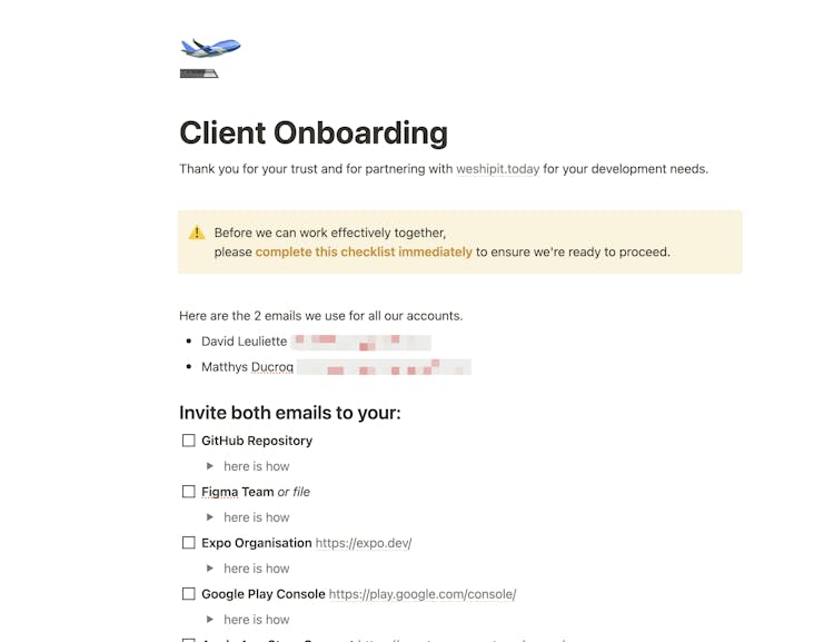 Client Onboarding Checklist to work with React Native