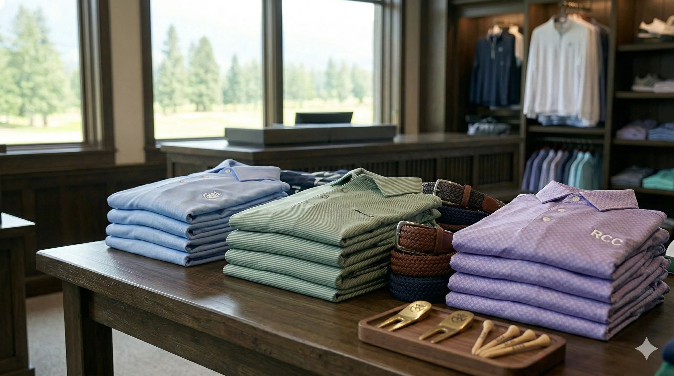 Folded golf shirts and apparel displayed on shelving in a well-organized pro shop