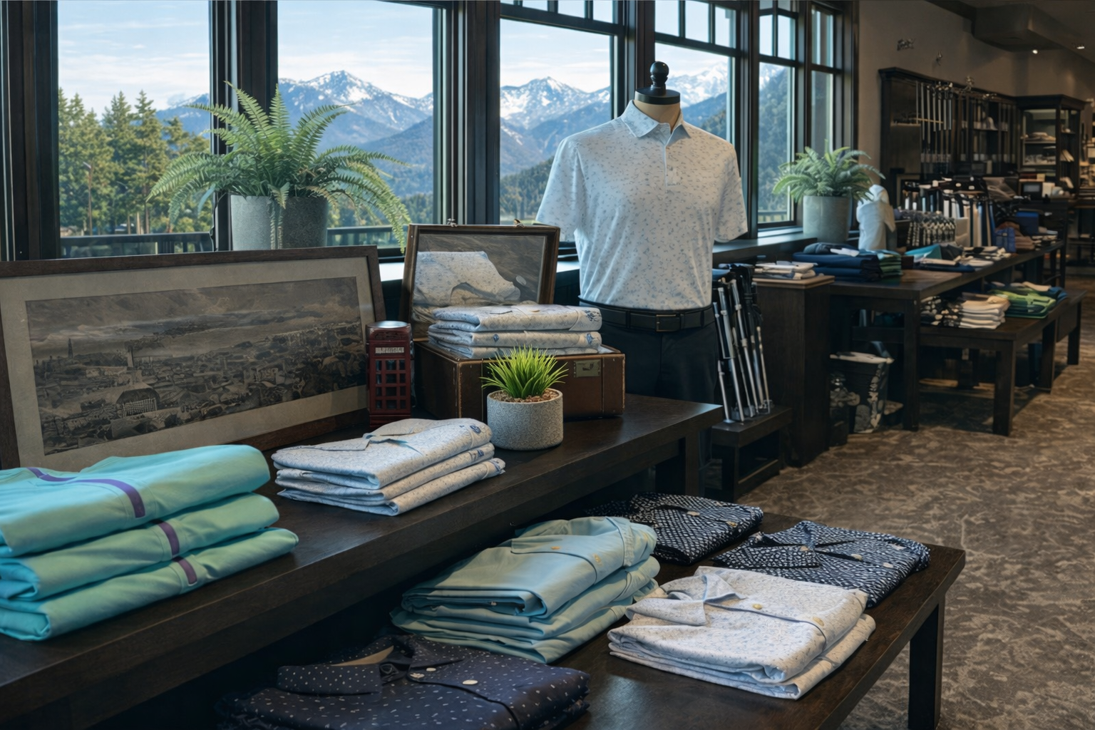 Neatly merchandised golf pro shop interior with apparel and accessories on display