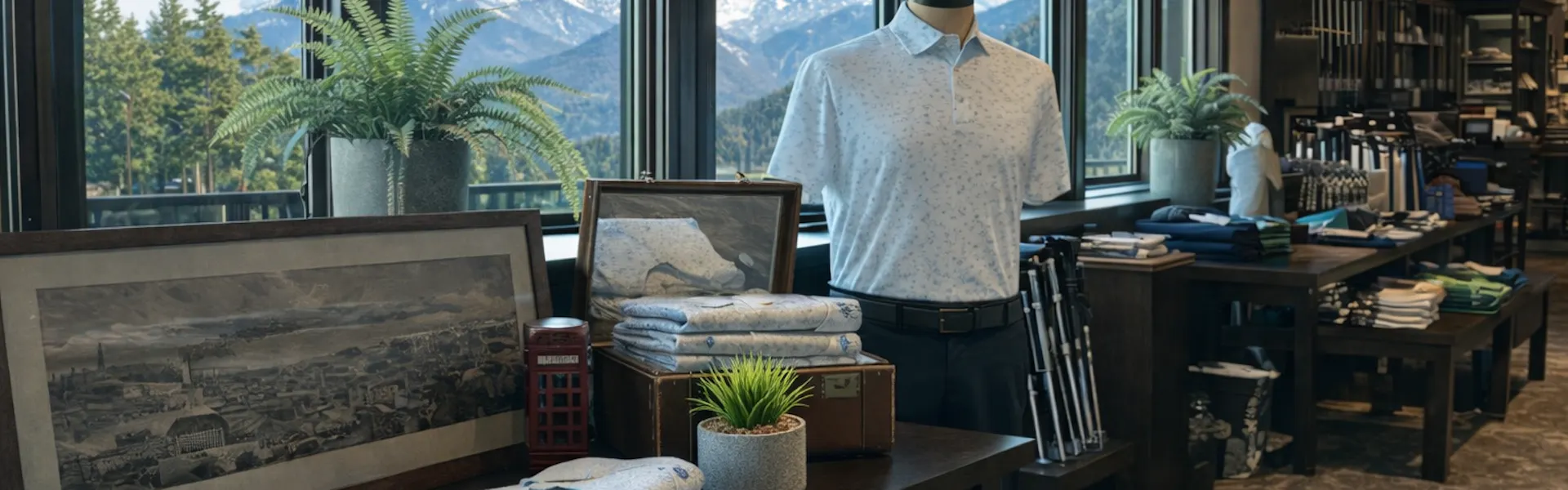 Neatly merchandised golf pro shop interior with apparel and accessories on display