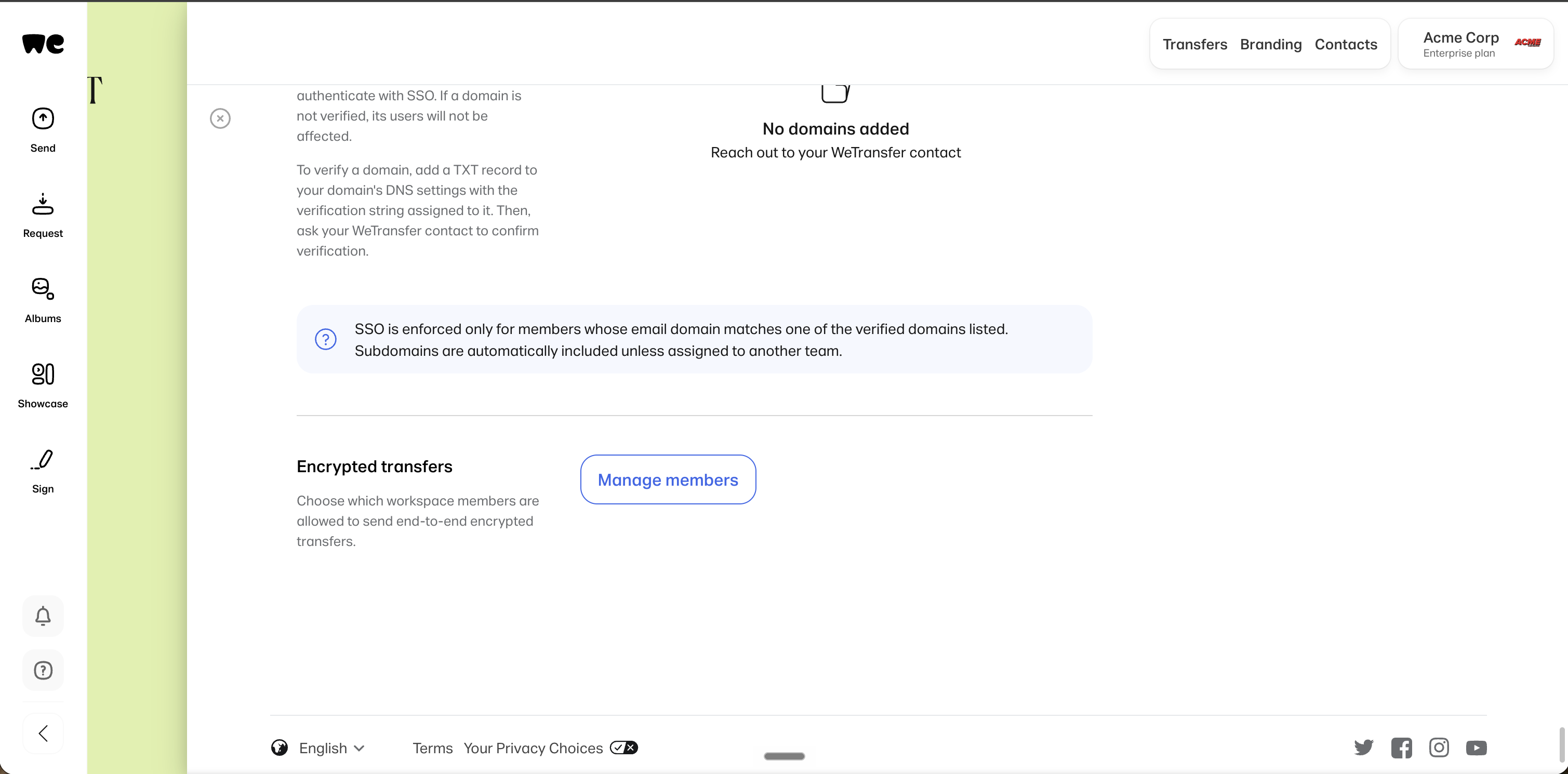 WeTransfer workspace settings showing the Encrypted transfers permission and a Manage members button.